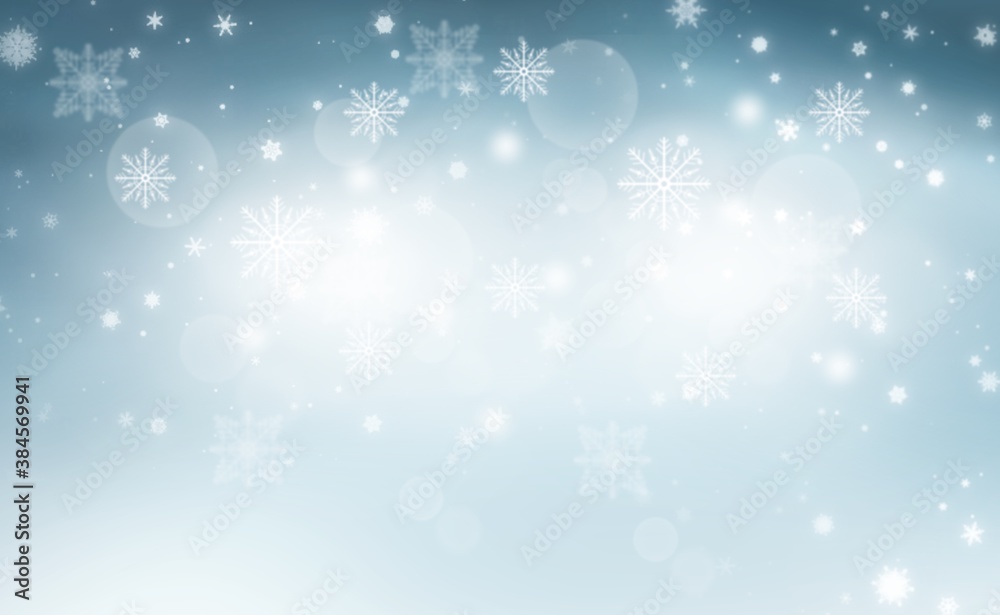 Blue abstract background. white light and snowflakes bokeh Christmas blurred beautiful shiny lights use wallpaper backdrop and your product.