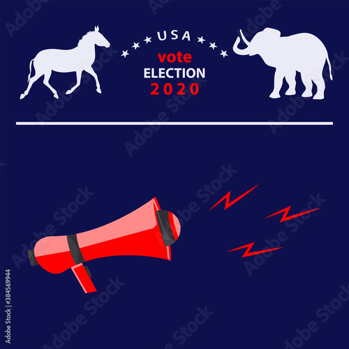 Megaphone, symbols elephant, donkey - vector. USA Election 2020 banner.