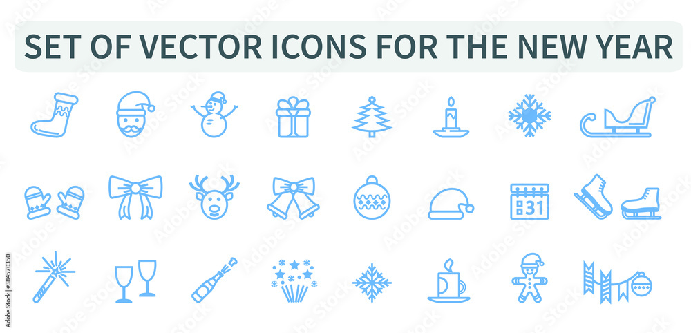 Set, group of blue vector icons for the New year. Christmas, 2021, holiday, web. Santa Claus, Christmas tree. Santa Claus.