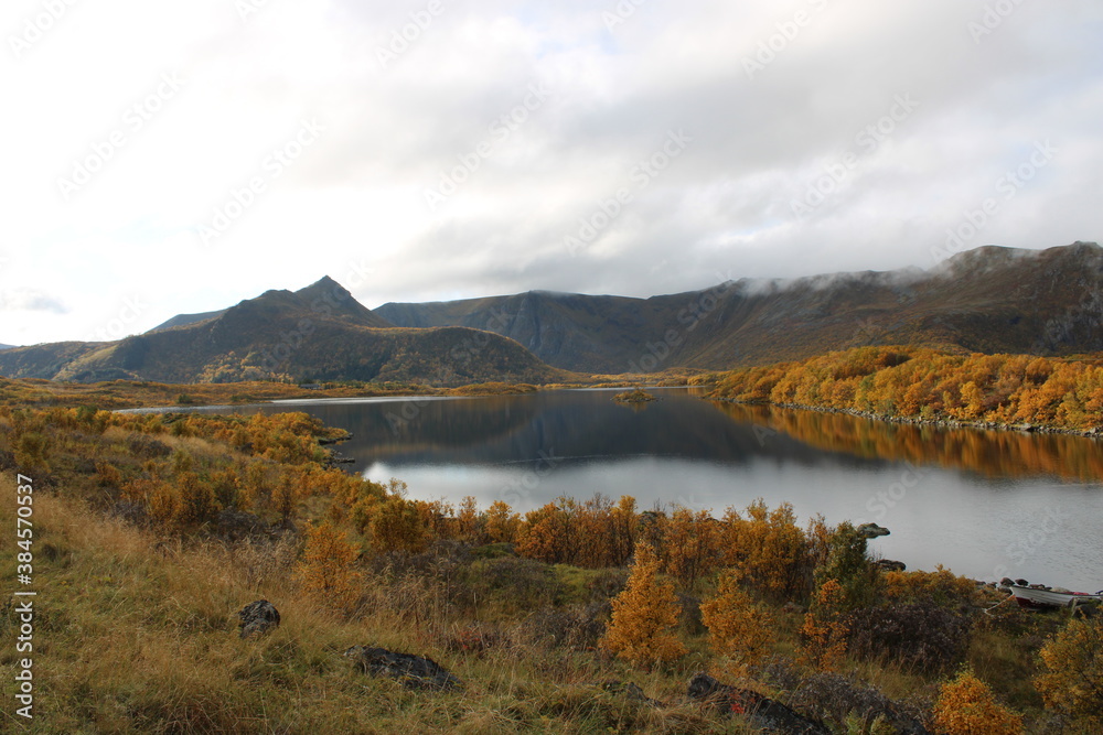 A colorful photo of the Norwegian landscape in autumn on Vesteralen islands