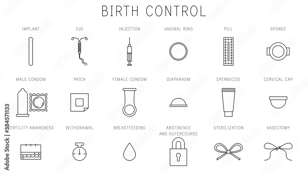 Birth Control Implant, IUD, Shot, Ring, Patch, Pill, Condom, Internal Condom, Diaphragm, Sponge, Cervical Cap, Spermicide, Fertility Awareness, Withdrawal (Pull Out Method), Sterilization, Vasectomy Birth Control Implant, IUD, Shot, Ring, Patch, Pill, Condom, Internal Condom, Diaphragm, Sponge, Cervical Cap, Spermicide, Fertility Awareness, Withdrawal (Pull Out Method), Sterilization, Vasectomy