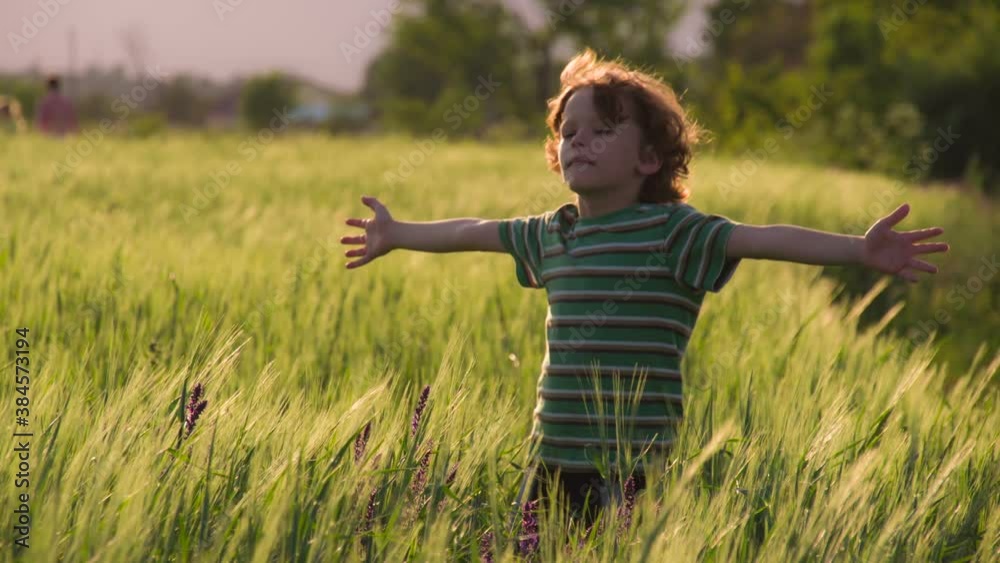 Summer Vacation. Funny boy with curly golden hair stands among the wheat field. he set up his hands and enjoying the wind Summer Vacation. Funny boy with curly golden hair stands among the wheat field. he set up his hands and enjoying the wind
