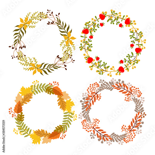 Autumn wreaths. Set round frame of autumn leaves. Vector illustration