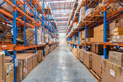 Interior of logistics warehouse photo