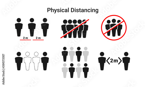 A collection of simple vector illustrations of physical distancing to prevent transmission of the corona virus. Suitable for the design elements of the campaign and signs for no crowd. 