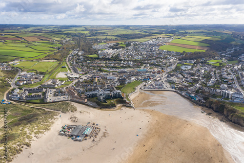 Aerial photograph of Perranporth Beach nr Newquay, Cornwall, England.