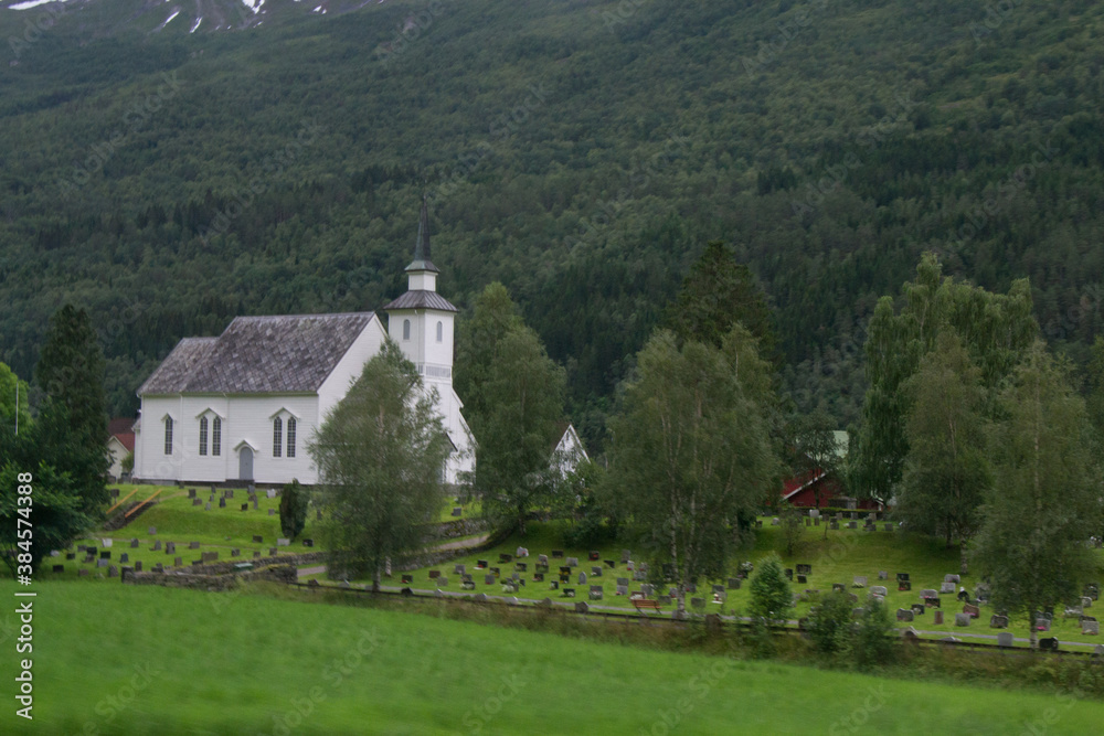 norwegian church with cemetery