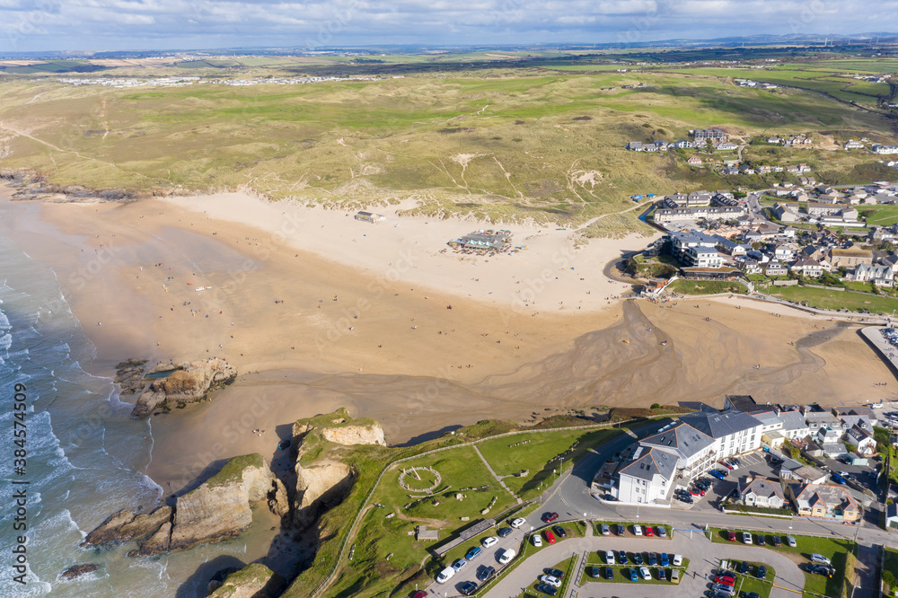 Aerial photograph of Perranporth Beach nr Newquay, Cornwall, England.