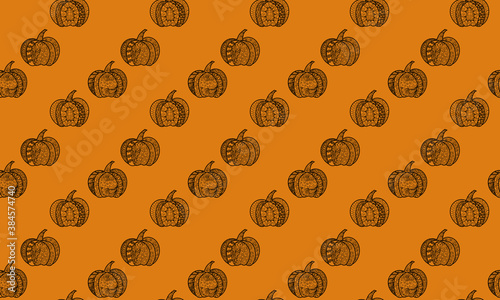 Seamless pattern of tracery pumpkins on an orange background