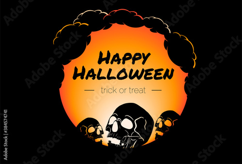 Trick or treat Halloween lettering on bright and colorful orange background with black skulls and clouds on circle shape. Halloween card in a shape of a circle on the orange grunge background.