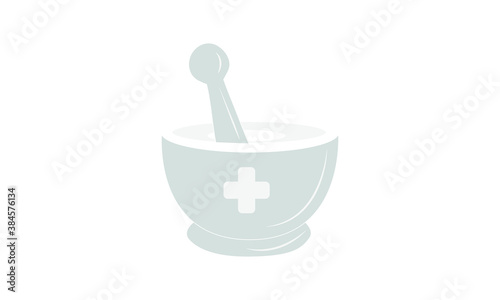 Pharmacy icon. Herbal pharmacy symbol. Linear illustration of mortar icon with bowl, ground spices, spice solution, condiments, spice bowl, ground spices.