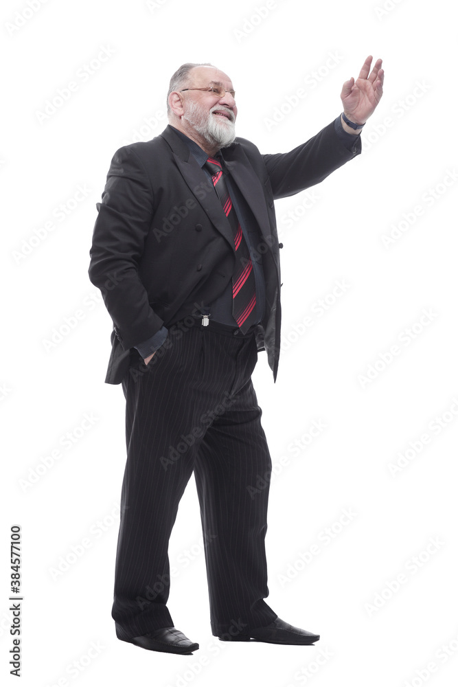 elderly businessman pointing at the blank screen . isolated on a white elderly businessman pointing at the blank screen . isolated on a white