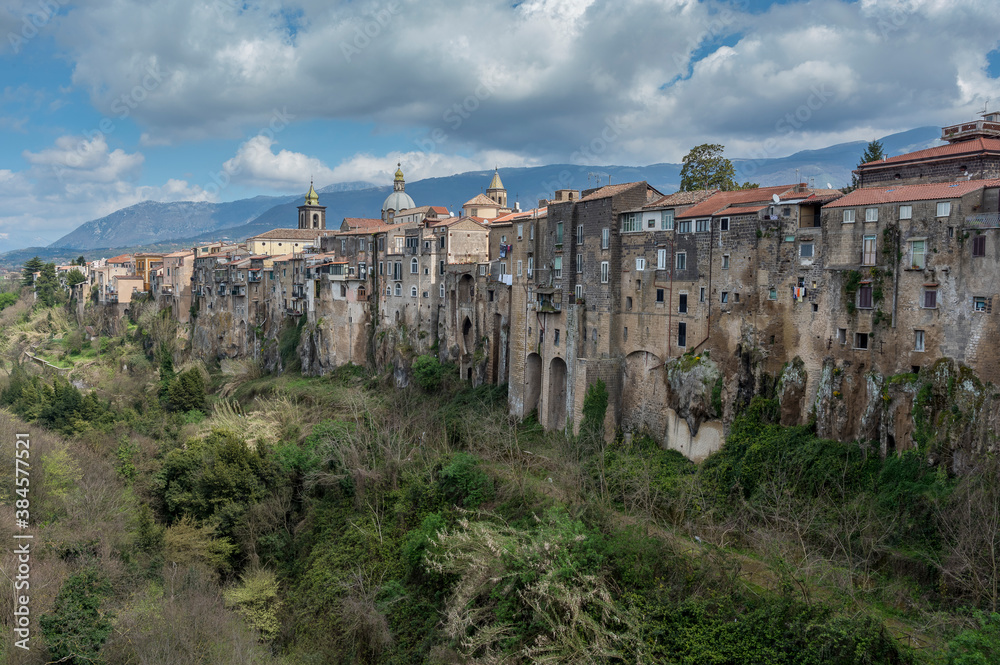 panoramic view of Sant'Agata de Goti, a small town in the province of Benevento. View of the cliff. View of the houses of the old town.