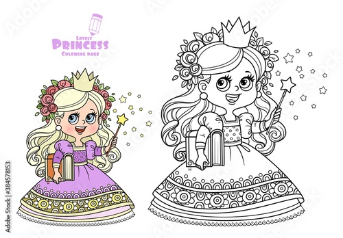 Cute princess with book in hand and a magic wand  outlined and color for coloring book