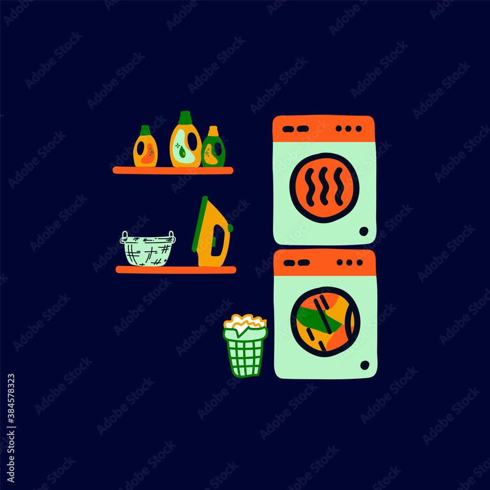 Illustration for a Laundry service. Laundry room: washing machine, iron, detergents. For Laundry Service beautiful Cartoon Flat Vector image. Vector illustration