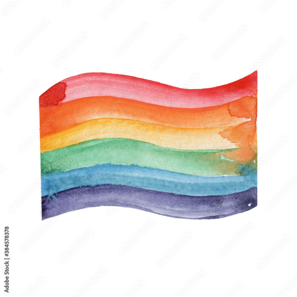 Watercolor flag painted with rainbow colors isolated on white background. LGBT symbol, postcards, gays, lesbians, holiday.