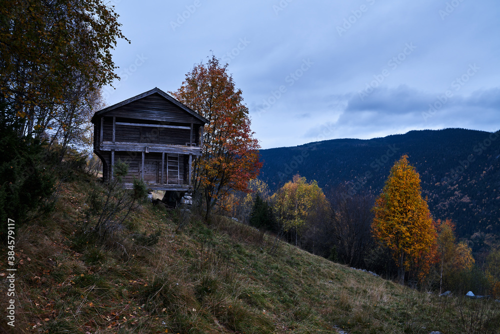 Old traditional norwegian house in the nature. 