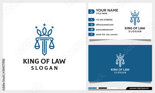 Law firm, attorney, pillar and elegance crown line art style logo with business card template