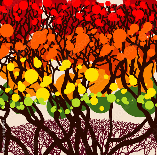 Colorful autumn trees. Cartoon red, yellow, orange and green fall tree and autumnal garden bush fall season gold leaves city park and forest landscape background vector isolated on beige