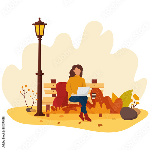 A girl sits on a bench in an autumn park and works at a laptop. Trend colors. Vector illustration in cartoon flat style.
