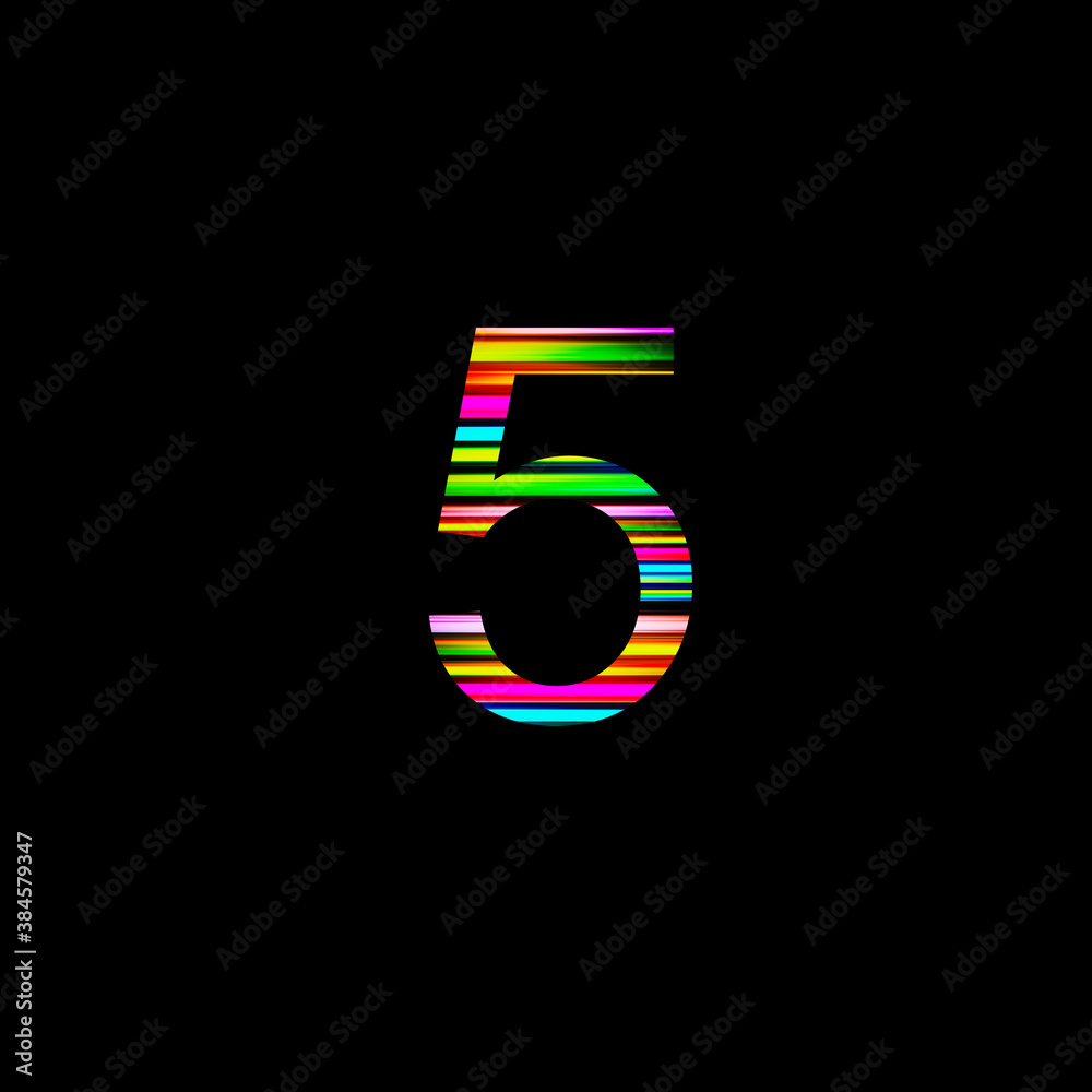 Rainbow number 5 illustration on isolated black background. Abstract alphabet symbol for banner , flyer or cover. Stock illustration.