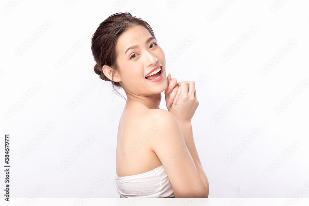 Portrait beautiful young asian woman clean fresh bare skin concept. Asian girl beauty face skincare and health wellness, Facial treatment, Perfect skin, Natural make up. Isolated on white background. Portrait beautiful young asian woman clean fresh bare skin concept. Asian girl beauty face skincare and health wellness, Facial treatment, Perfect skin, Natural make up. Isolated on white background.