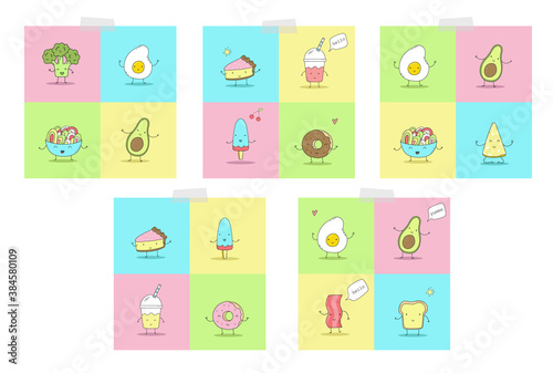 Cute hand drawn set with Funny Cartoon food. Vector kawaii food. avocado, broccoli.