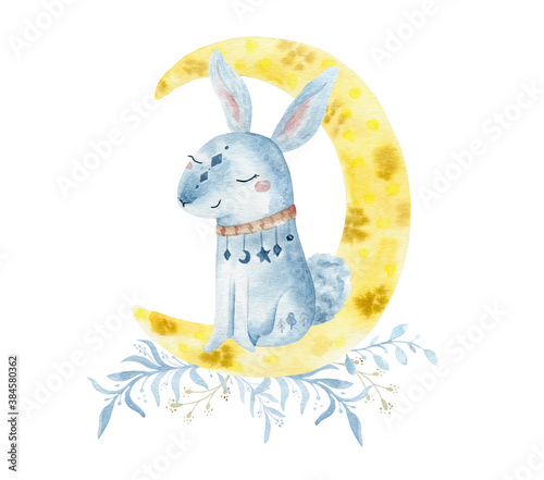 Hand drawn watercolo Rabbit illustration for kids. Bohemian illustrations with animals, stars, magic and runes.