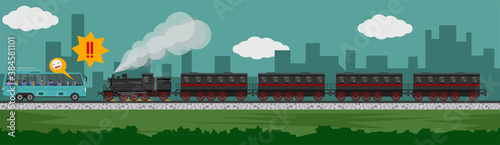 The situation will crash of a bus with many people. With a steam train with a long train on a freight train. Shadow backdrop of a large city.