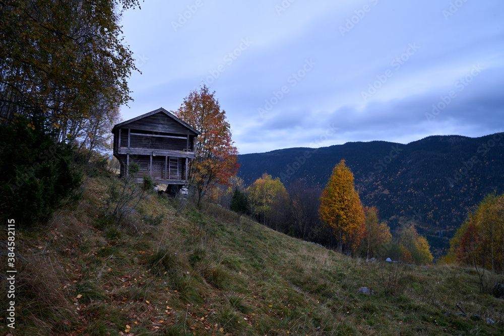 Old traditional norwegian house in the nature. 