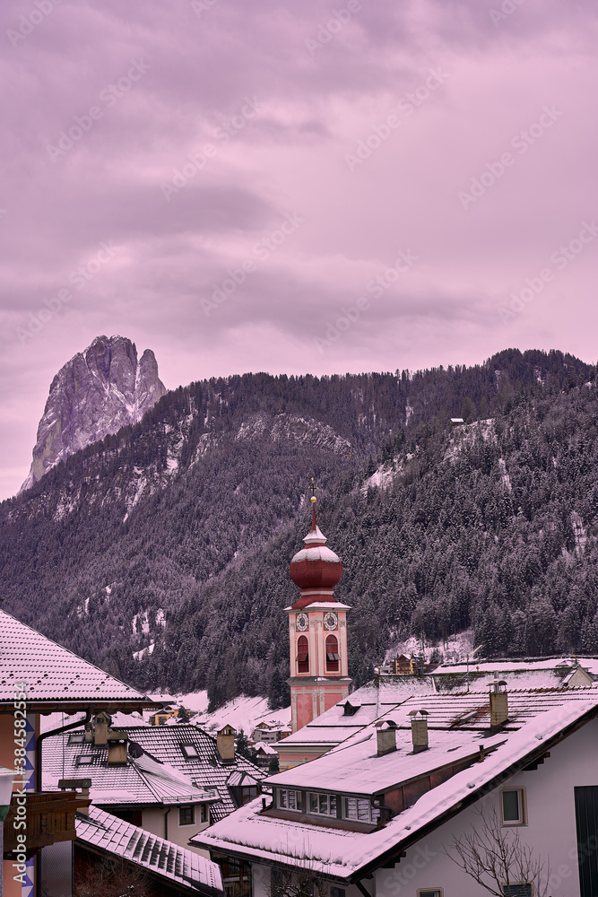 view of a mountain village in the Dolomites