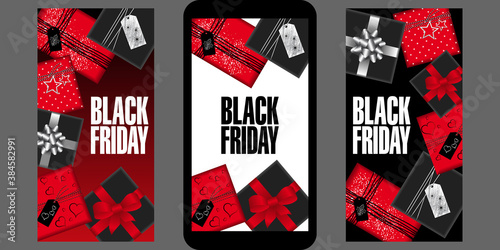 3 Flyers pour les soldes du Black Friday au format d’un Smartphone avec de multiple cadeaux rouges et noirs.