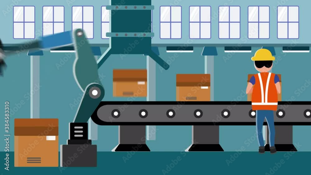4K animation of a person closing the boxes after a machine has placed a product on them. Boxes move through an assembly line.
