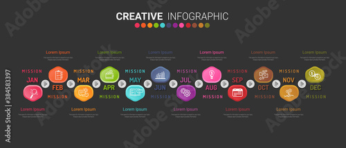 Timeline business for 12 months, 1 year, Timeline infographics design vector and Presentation business can be used for Business concept with 12 options, steps or processes. 
