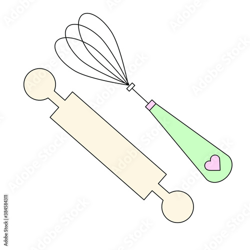 Rolling pin with whisk icon. Kitchen tools set. Bakery tools image. Vector Illustration isolated for graphic and web design, for confectionery shop or cafe.