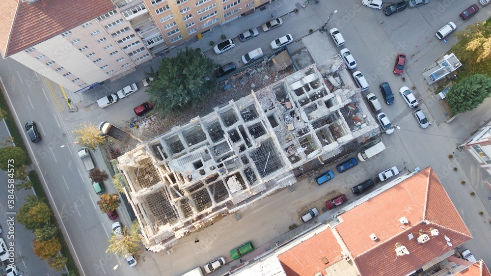 Aerial view of the ruined building at the city center.