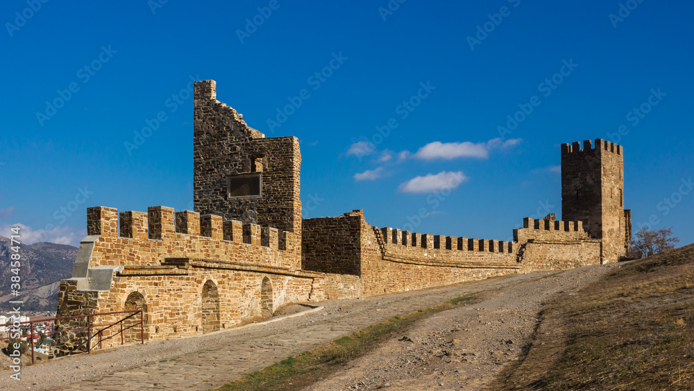 The walls of the Genoese fortress in Sudak, Crimea. The towers of Luchini di Fieschi di Lavani and Corrado Cigala.
