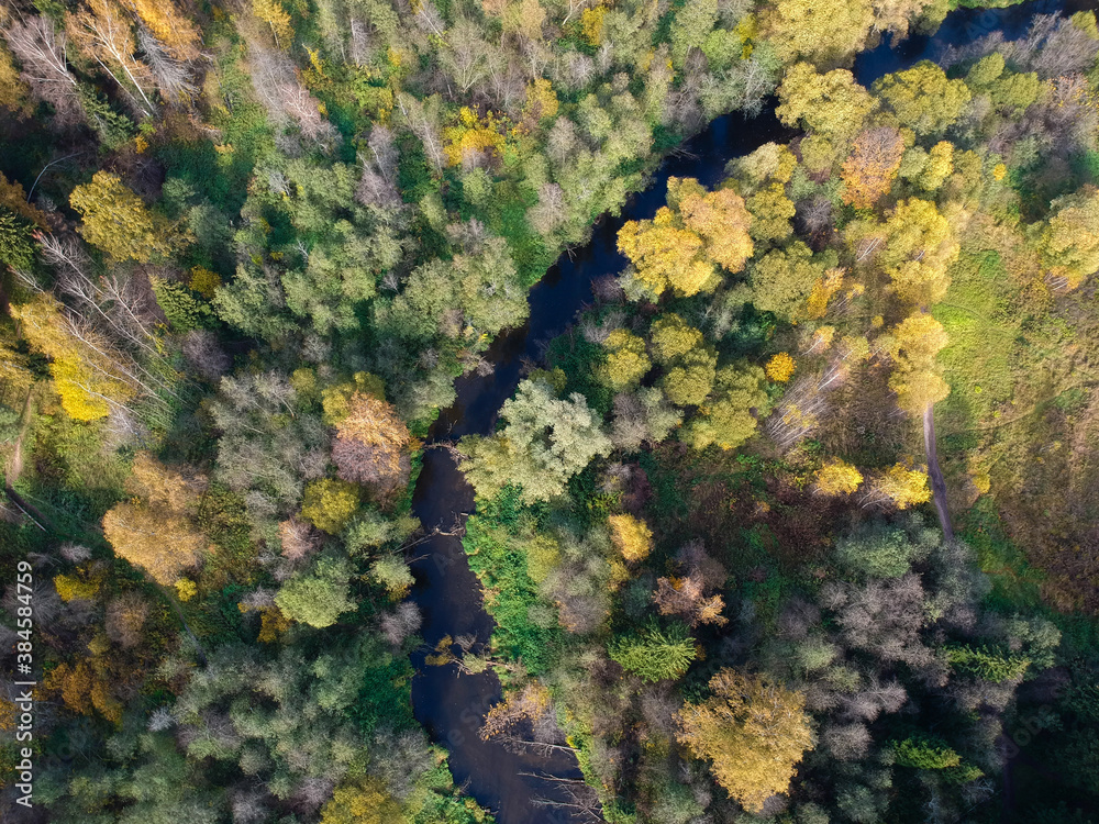 Aerial drone view of autumn forest and small river Aerial drone view of autumn forest and small river