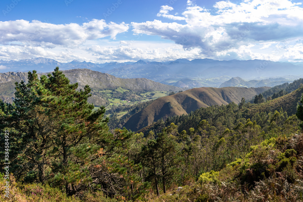 Views of Picos de Europa mountains from Fitu viewpoint (Mirador del Fitu). Several lines of hills, colorful ranges. Forest with native trees. Asturias, Spain