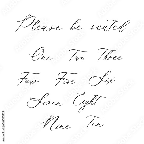 Please be seated - hand drawn modern calligraphy inscription for wedding sign with number.