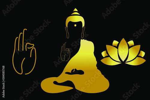 Set of lotus and Sitting Golden Buddha silhouette over black background. Vector illustration. Indian, Buddhism, Spiritual motifs. Tattoo, yoga, spirituality. Gold buddha  logo for spa
