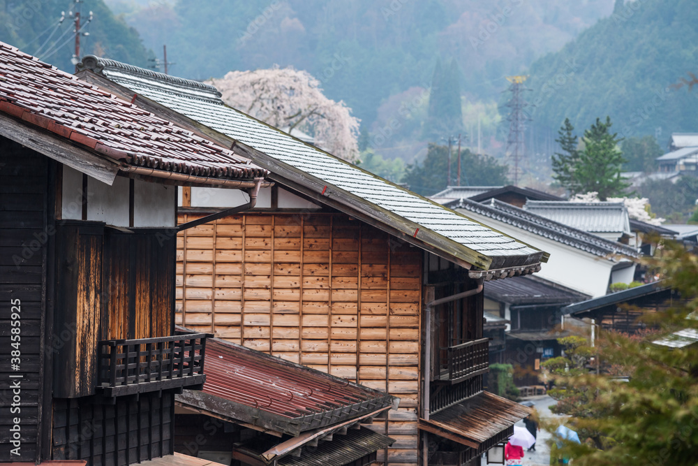 Preserved town Tsumago juku with sakura in spring