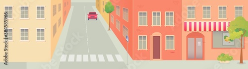 Urban cityscape background. Modern cartoon city view design vector illustration. Cozy windows and doors in buildings  road with car  path for pedestrians. Horizontal outdoor scene