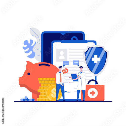 Health insurance policy online concept with character. Medical insurance plan with doctor, patient, piggy bank, medical with shield. Modern flat style for landing page, mobile app,hero images