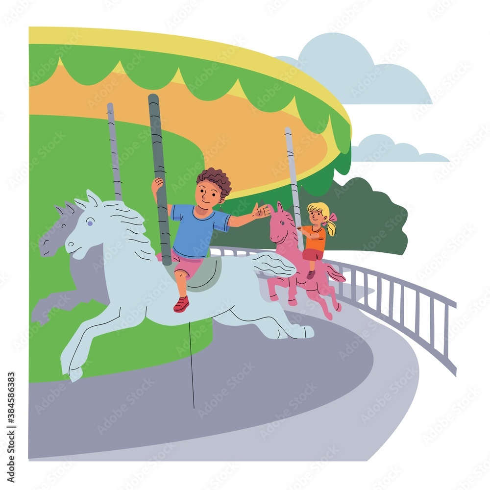 Obraz premium Children having fun ride at attraction park. Carnival fairground or funfair vector illustration. Kids on carousel sitting on horses. Happy boy and girl at amusement park on holiday or weekend