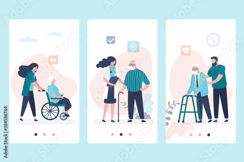 Geriatric care. Application pages template. Medical consultation. Woman doctor and old people.