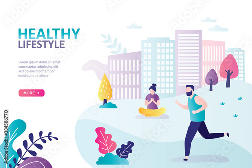 Landing page template of healthy lifestyle. Male character running outdoor. Woman practicing yoga in park. Concept of healthcare, sports and workout