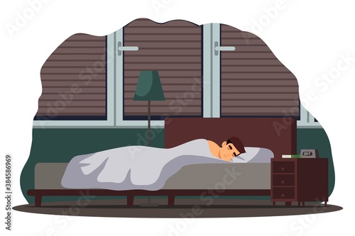 Man sleeping in bed at night. Guy lying under blanket in evening. Schedule vector illustration. Everyday routine at home. Bedroom modern interior design. Dark room with lamp