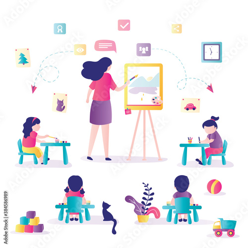Art class. Early childhood education. Woman art teacher and group of  preschooler students with brush. Drawing lessons banner