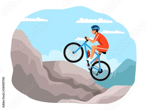 Man on bike, extreme sport adventure. Guy driving bicycles in mountains in summer. Outdoor risky recreation vector illustration. Lifestyle in nature and on vacation